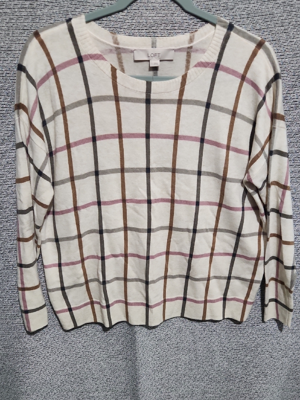 LOFT Cream Plaid Long-Sleeve Lightweight Sweater